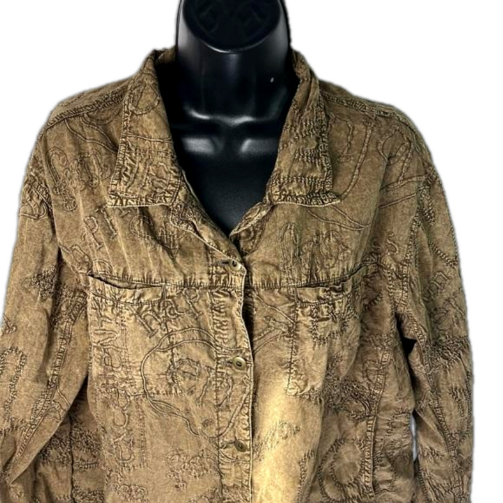 Chicos Vintage jacket Large Brown Embroidered words joy happiness